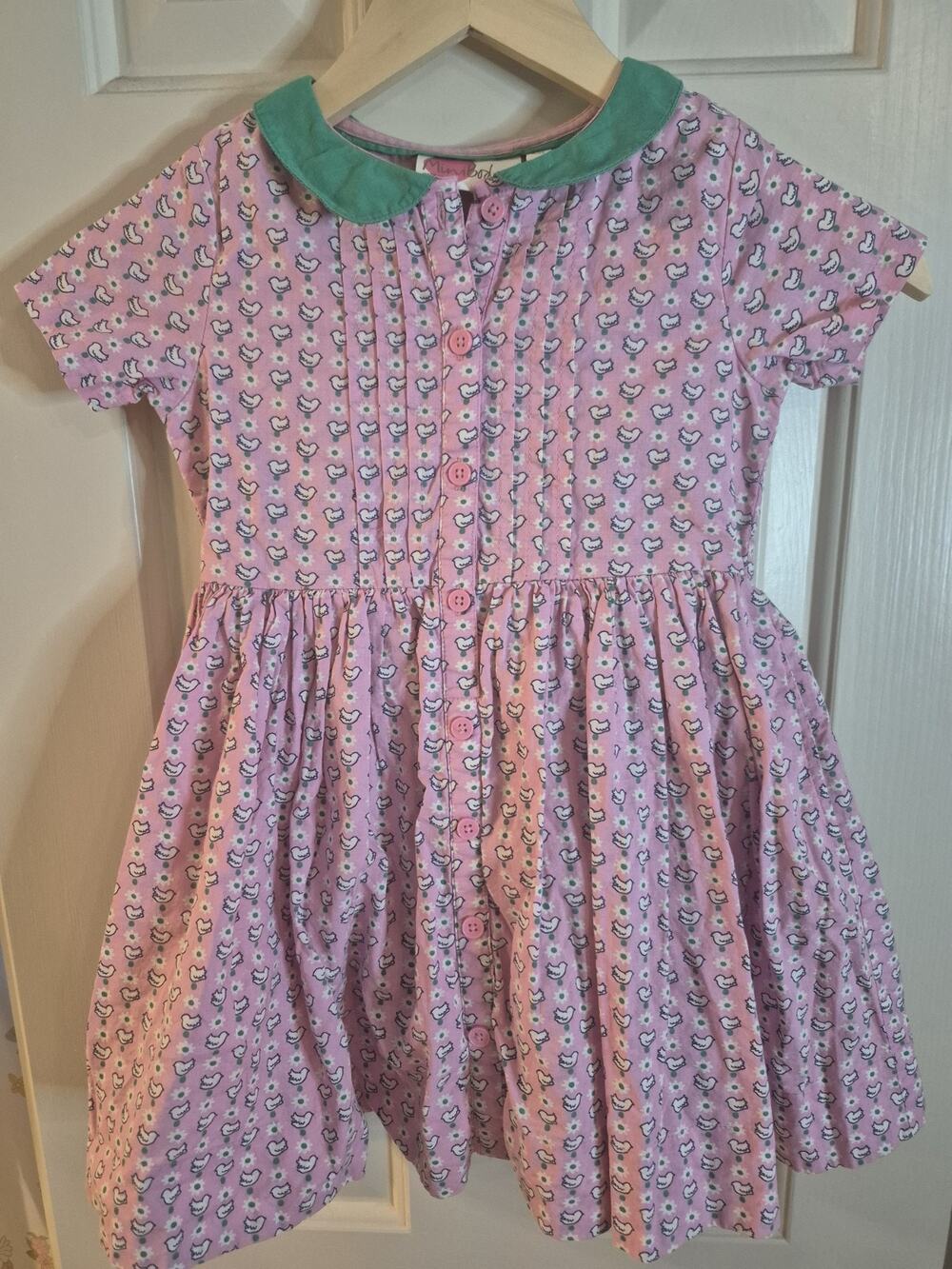 MINI BODEN Pink Green All over Duck Print Eyelet Collar Dress Size 4-5Y 4T 5T